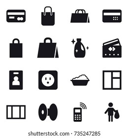 16 vector icon set : card, shopping bag, credit card, cleanser, identity card, power socket, washing, window, trash