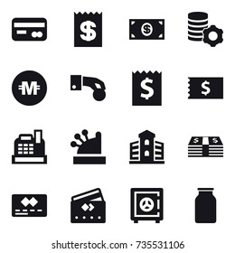 16 vector icon set : card, receipt, money, virtual mining, crypto currency, hand coin, cashbox, building, credit card, safe