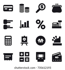 16 vector icon set : card, coin stack, dollar magnifier, purse, diagram, graph, percent, cashbox, calculator, presentation, crypto currency, atm receipt, atm, credit card