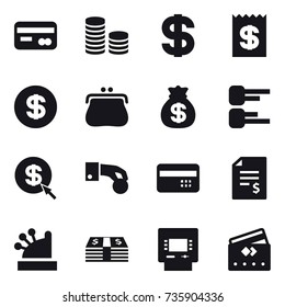 16 vector icon set : card, coin stack, dollar, receipt, purse, money bag, diagram, dollar arrow, hand coin, credit card, account balance, cashbox, atm