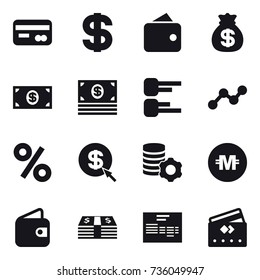16 vector icon set : card, dollar, wallet, money bag, money, diagram, graph, percent, dollar arrow, virtual mining, crypto currency, credit card