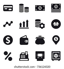16 vector icon set : card, coin stack, money, graph, graph up, virtual mining, crypto currency, dollar coin, wallet, purse, dollar pin, percent, cashbox, atm, safe