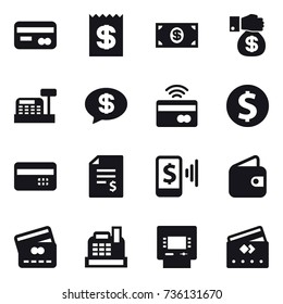 16 vector icon set : card, receipt, money, money gift, cashbox, money message, tap to pay, dollar coin, credit card, account balance, mobile pay, wallet, atm