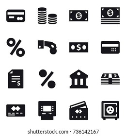 16 vector icon set : card, coin stack, money, percent, hand coin, credit card, account balance, library, atm, safe