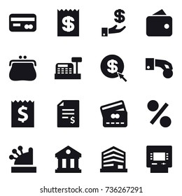 16 vector icon set : card, receipt, investment, wallet, purse, cashbox, dollar arrow, hand coin, account balance, credit card, percent, library, atm