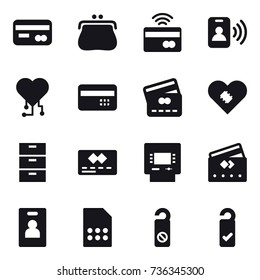 16 vector icon set : card, purse, tap to pay, pass card, cardio chip, credit card, atm, identity card, do not distrub, please clean