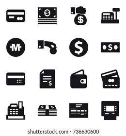 16 vector icon set : card, money, money gift, cashbox, crypto currency, hand coin, dollar coin, credit card, account balance, wallet, atm