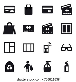 16 vector icon set : card, shopping bag, credit card, power switch, window, garbage bag, trash, liquid soap, toilet cleanser