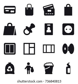 16 vector icon set : card, shopping bag, credit card, nipple, identity card, power socket, power switch, window, garbage bag, trash, foam bucket, toilet cleanser