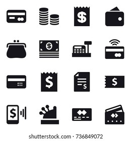 16 vector icon set : card, coin stack, receipt, wallet, purse, money, cashbox, tap to pay, credit card, account balance, mobile pay