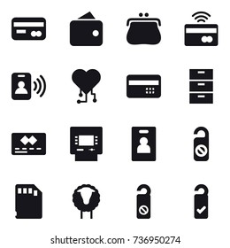 16 vector icon set : card, wallet, purse, tap to pay, pass card, cardio chip, credit card, atm, identity card, do not distrub, sheep, please clean