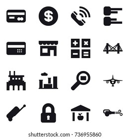 16 vector icon set : card, dollar, call, diagram, credit card, shop, calculator, bridge, factory, city, plane, suitcase, locked, warehouse, blower