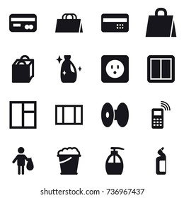 16 vector icon set : card, shopping bag, credit card, cleanser, power socket, power switch, window, trash, foam bucket, liquid soap, toilet cleanser
