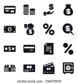 16 vector icon set : card, coin stack, investment, money bag, money, money gift, percent, dollar arrow, credit card, account balance, safe