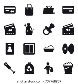 16 vector icon set : card, shopping bag, credit card, cleanser, nipple, identity card, power switch, washing, garbage bag, trash, foam bucket