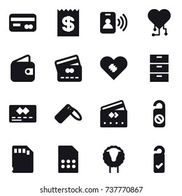 16 vector icon set : card, receipt, pass card, cardio chip, wallet, credit card, do not distrub, sheep, please clean
