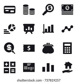 16 vector icon set : card, coin stack, dollar magnifier, money, diagram, presentation, graph, dollar arrow, receipt, purse, calculator, housing