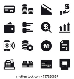 16 vector icon set : card, coin stack, crisis, investment, wallet, diagram, dollar arrow, graph up, phone pay, virtual mining, crypto currency, account balance, cashbox, atm