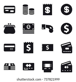 16 vector icon set : card, coin stack, receipt, dollar, purse, money, hand coin, dollar coin, credit card, atm