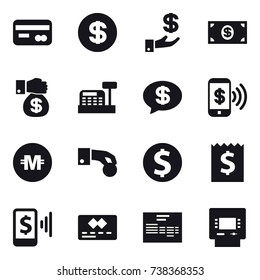 16 vector icon set : card, dollar, investment, money, money gift, cashbox, money message, phone pay, crypto currency, hand coin, dollar coin, receipt, mobile pay, atm