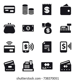 16 vector icon set : card, coin stack, receipt, wallet, purse, money, money gift, cashbox, tap to pay, phone pay, account balance, mobile pay, credit card