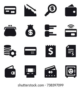 16 vector icon set : card, crisis, dollar magnifier, wallet, purse, money bag, diagram, tap to pay, virtual mining, credit card, receipt, account balance, atm, safe