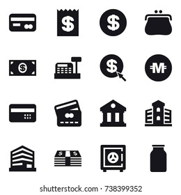 16 vector icon set : card, receipt, dollar, purse, money, cashbox, dollar arrow, crypto currency, credit card, library, building, safe