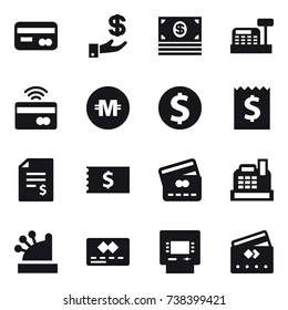16 vector icon set : card, investment, money, cashbox, tap to pay, crypto currency, dollar coin, receipt, account balance, credit card, atm