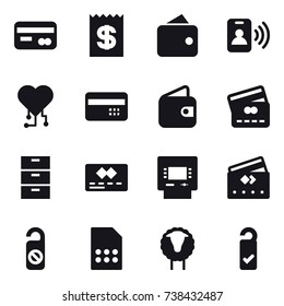 16 vector icon set : card, receipt, wallet, pass card, cardio chip, credit card, atm, do not distrub, sheep, please clean