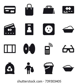 16 vector icon set : card, shopping bag, credit card, identity card, power socket, washing, window, garbage bag, trash, foam bucket, foam basin