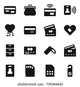 16 vector icon set : card, purse, tap to pay, pass card, cardio chip, credit card, identity card, do not distrub