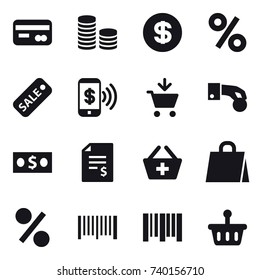 16 vector icon set : card, coin stack, dollar, percent, sale, phone pay, add to cart, hand coin, money, account balance, add to basket, shopping bag, barcode
