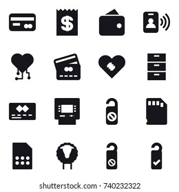 16 vector icon set : card, receipt, wallet, pass card, cardio chip, credit card, atm, do not distrub, sheep, please clean