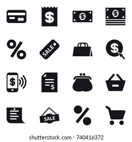 16 vector icon set : card, receipt, money, percent, sale, shopping bag, dollar arrow, phone pay, account balance, purse, remove from basket, shopping list, cart