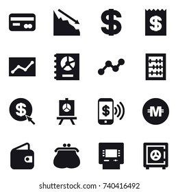 16 vector icon set : card, crisis, dollar, receipt, statistic, annual report, graph, abacus, dollar arrow, presentation, phone pay, crypto currency, wallet, purse, atm, safe