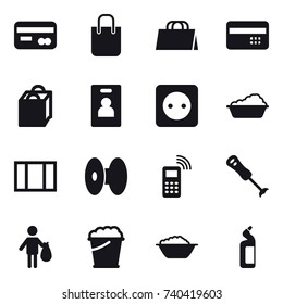 16 vector icon set : card, shopping bag, credit card, identity card, power socket, washing, window, trash, foam bucket, foam basin, toilet cleanser