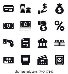 16 vector icon set : card, coin stack, investment, money bag, money, money gift, percent, hand coin, account balance, library, atm, credit card, safe