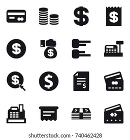 16 vector icon set : card, coin stack, dollar, receipt, money gift, diagram, cashbox, dollar arrow, dollar coin, account balance, credit card, atm receipt