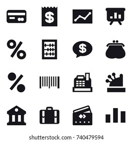 16 vector icon set : card, receipt, statistic, presentation, percent, abacus, money message, purse, barcode, cashbox, library, suitcase, credit card