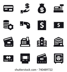16 vector icon set : card, investment, money bag, cashbox, virtual mining, hand coin, receipt, credit card, building, atm, safe