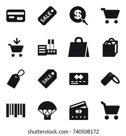 16 vector icon set : card, sale, dollar arrow, cart, add to cart, store, shopping bag, label, sale label, credit card