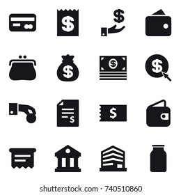16 vector icon set : card, receipt, investment, wallet, purse, money bag, money, dollar arrow, hand coin, account balance, atm receipt, library