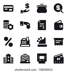 16 vector icon set : card, investment, purse, dollar arrow, virtual mining, hand coin, account balance, wallet, percent, cashbox, atm receipt, building, atm, credit card