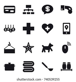 16 vector icon set : card, hierarchy, money message, hand coin, sale, starfish, dog, pan, towel, ladle