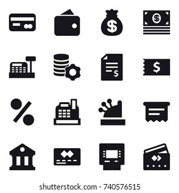 16 vector icon set : card, wallet, money bag, money, cashbox, virtual mining, account balance, receipt, percent, atm receipt, library, atm, credit card