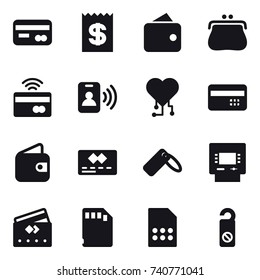 16 vector icon set : card, receipt, wallet, purse, tap to pay, pass card, cardio chip, credit card, atm, do not distrub