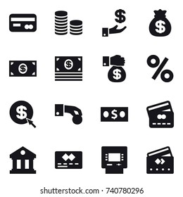 16 vector icon set : card, coin stack, investment, money bag, money, money gift, percent, dollar arrow, hand coin, credit card, library, atm