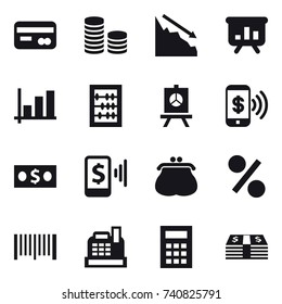 16 vector icon set : card, coin stack, crisis, presentation, graph, abacus, phone pay, money, mobile pay, purse, percent, barcode, cashbox, calculator