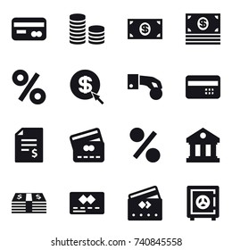 16 vector icon set : card, coin stack, money, percent, dollar arrow, hand coin, credit card, account balance, library, safe