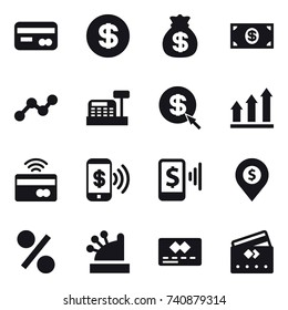 16 vector icon set : card, dollar, money bag, money, graph, cashbox, dollar arrow, graph up, tap to pay, phone pay, mobile pay, dollar pin, percent, credit card